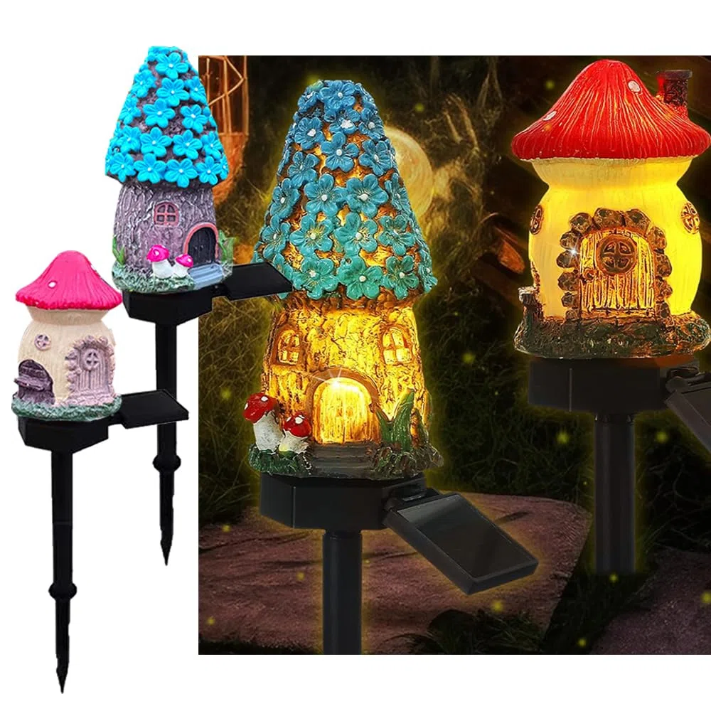 2 confezioni di luci a forma di fungo rosso e blu ad energia solare, decorazione da giardino, in resina, luci a fungo, senza fili, luci LED impermeabili dal tramonto all'alba.