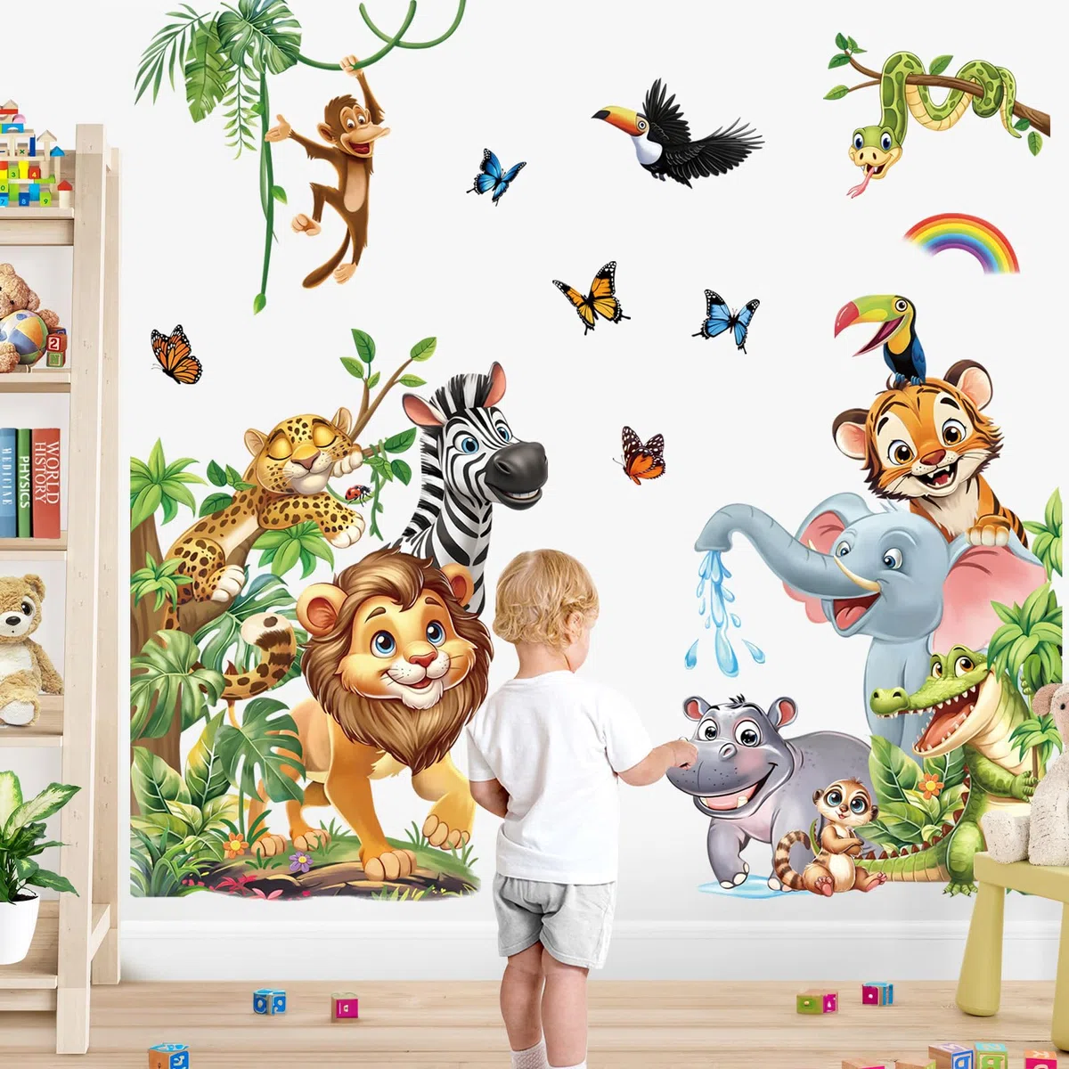 decalmile Adesivi Murali Animali della Giungla Adesivi da Parete Safari Elefante Leone Scimmia Vite Foglie Decorazione Murale Asilo Nido Camerette Bambini Camera da Letto