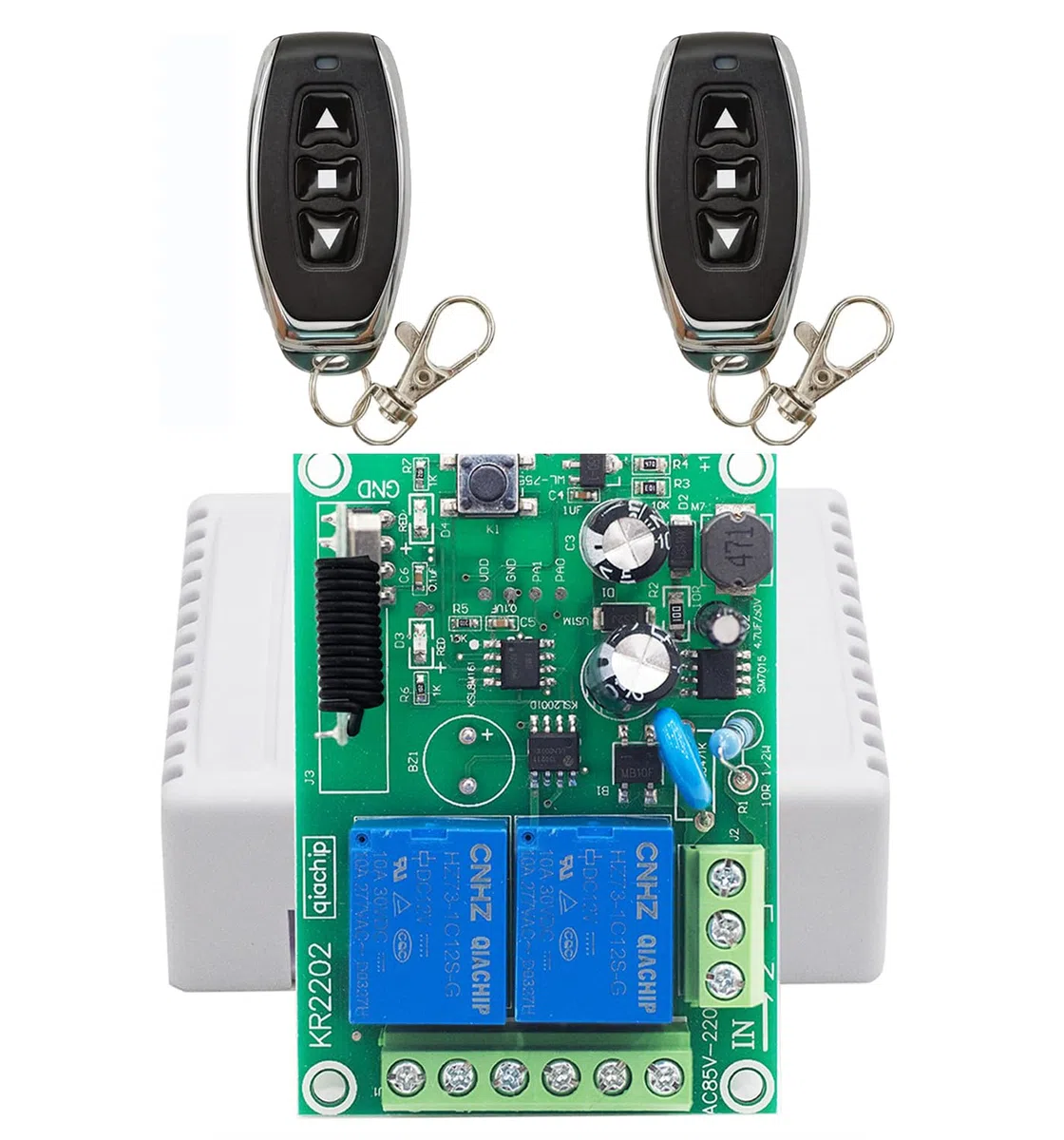 QIACHIP 433 MHz RF Radio Telecomando Interruttore 2 Canali AC 220V 230V Ricevitore relè senza fili con 2 Trasmettitori Controllo Remoto per motore porta garage tapparelle luce