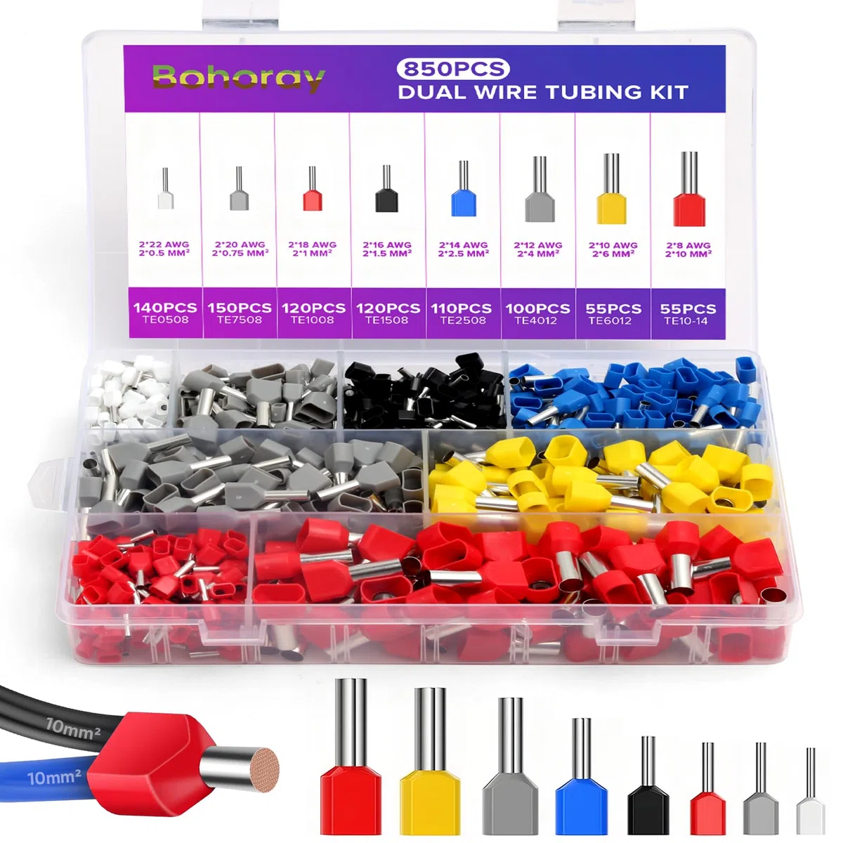850 Pezzi Crimpatura Capicorda Elettrici Doppi, 0,5-10 mm² Ghiere per Terminali Estremità di Cavo Gemelle, Terminali a Capicorda Doppi Entrata per Collegamento Cavi