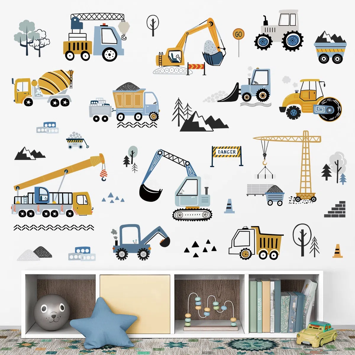 decalmile Adesivi Murali Bambini Veicoli Costruzione Adesivi da Parete Camion Scavatrice Trattore Automobili Decorazione Murale Asilo Nido Stanza dei Giochi