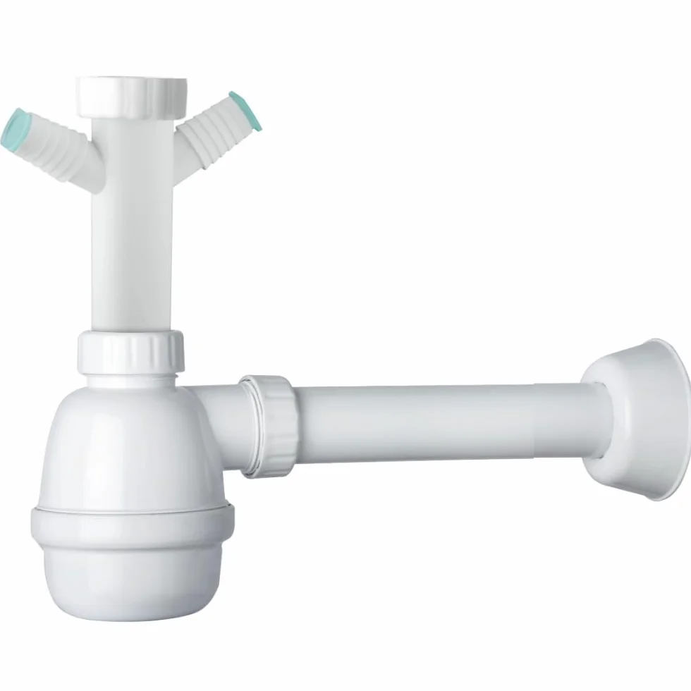 Schläfer 4395320 | Sifone Universale a Fiasco per Lavelli 1"1/2 con Doppio Attacco Lavastoviglie, Uscita Diam. 40mm x L. 250 mm, Entrata da L. 130 mm, Scarico Ispezionabile, Bianco.
