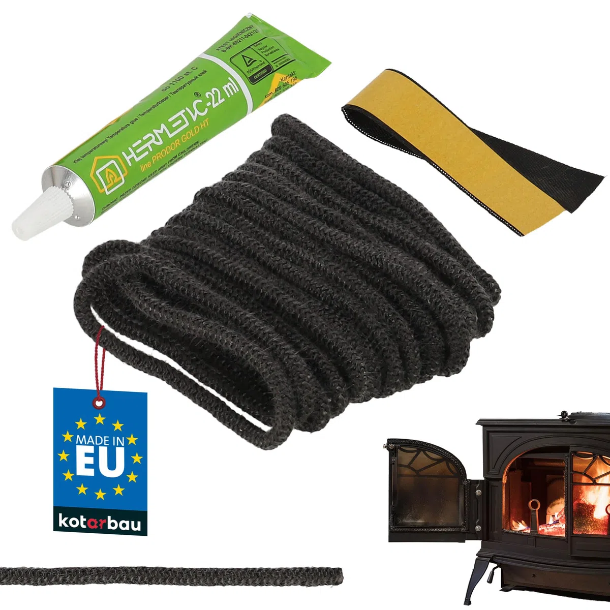 KOTARBAU® Guarnizione Camino - Fibra di Vetro - ⌀ 4 mm - 2.5 m - Colla Resistente al Calore - Guarnizione Stufa A Pellet - Guarnizioni per Stufe - Nero