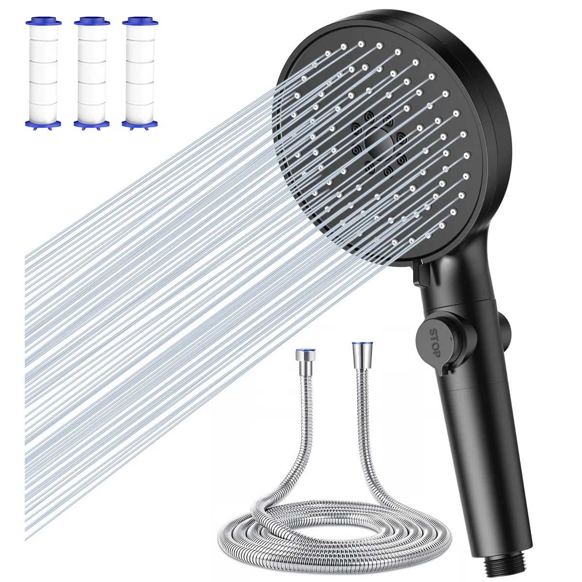 Soffione Doccia Anticalcare, Dokkita Doccia Soffione 4 Getti Spray con 1,5M Tubo Doccia, Soffione Doccia Alta Pressione Doccino per Doccia con Filtrazione a 3 Strati