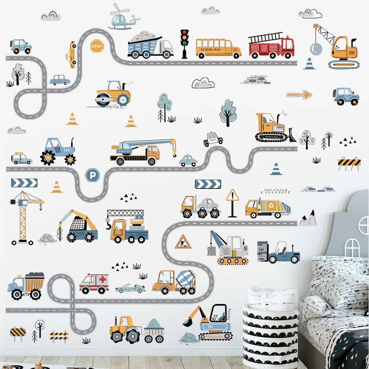 decalmile Adesivi Murali Veicoli Strade Adesivi da Parete Costruzione Trattore Camion Scavatrice Decorazione Murale Camera Ragazzo Camerette Bambini Stanza dei Giochi