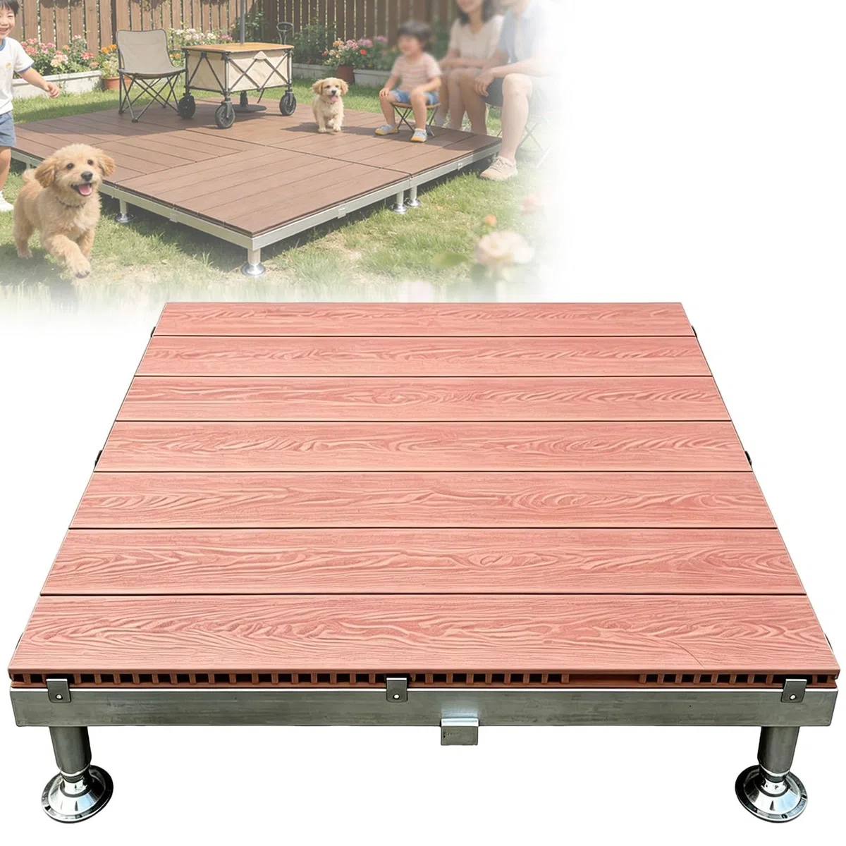 84cm Pavimento Sopraelevato In Composito Con Telaio In Metallo Incastrato | Piattaforma Da Patio Esterno Modulare Impermeabile Antiscivolo Per Terreni Irregolari Cortile(Brown)