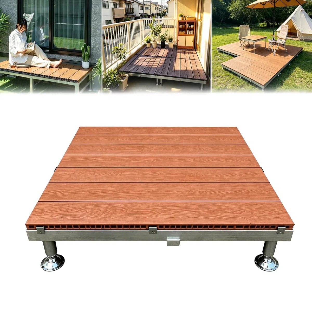 Pavimentazione Ad Incastro For Balcone Da Campeggio In Legno Composito | 84cm/100cm Regolabile In Altezza Kit For Terrazza Galleggiante Per Terreni Irregolari Cortile(Brown,84cm)
