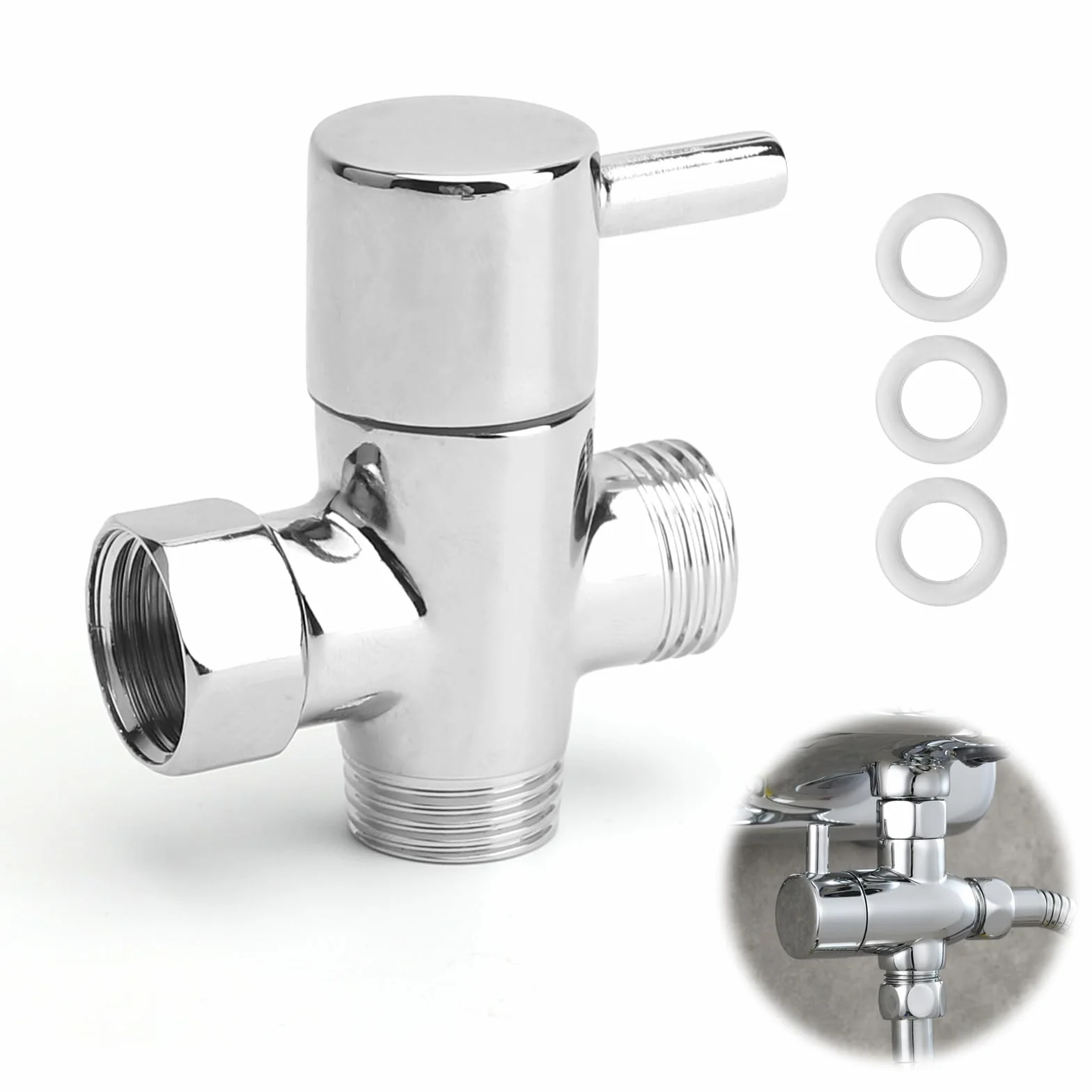 HENGBIRD Deviatore doccia a 3 vie G1/2, deviatore in ottone massiccio con 3 guarnizioni, deviatore pronto all'uso per docce da bagno, camper o rubinetti da esterno