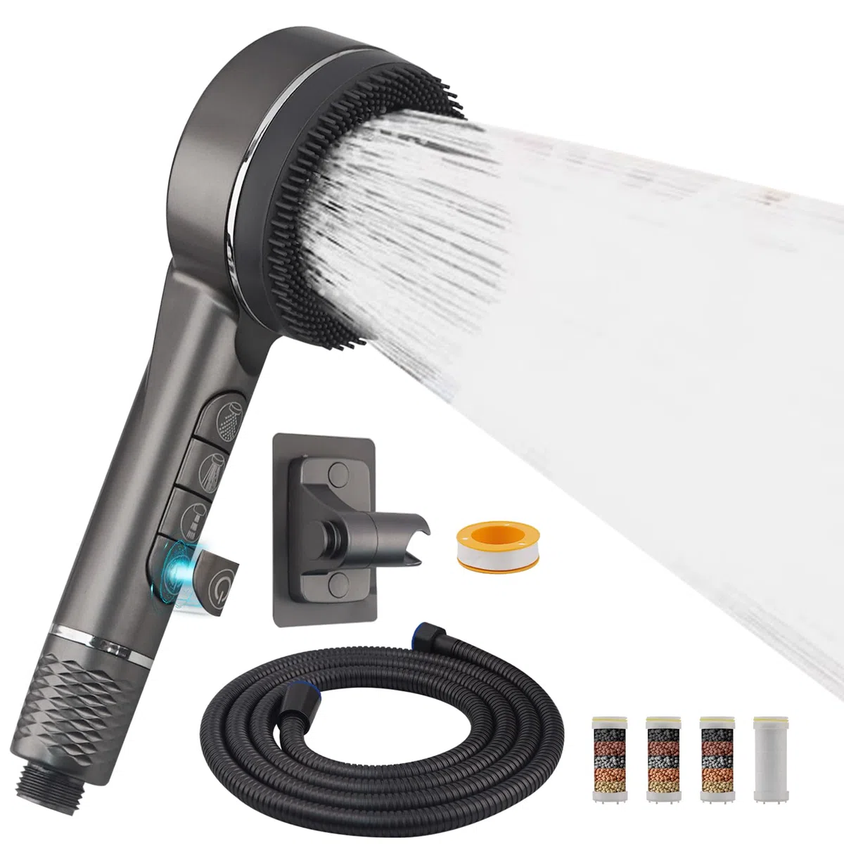 Soffione Doccia con Filtro con 4 Modalità Di Spruzzo Soffione Doccia con Tubo da 2M Shower Head Alta Pressione con Supporto Senza Fori Doccino per Doccia Anticalcare (Grigio Scuro)