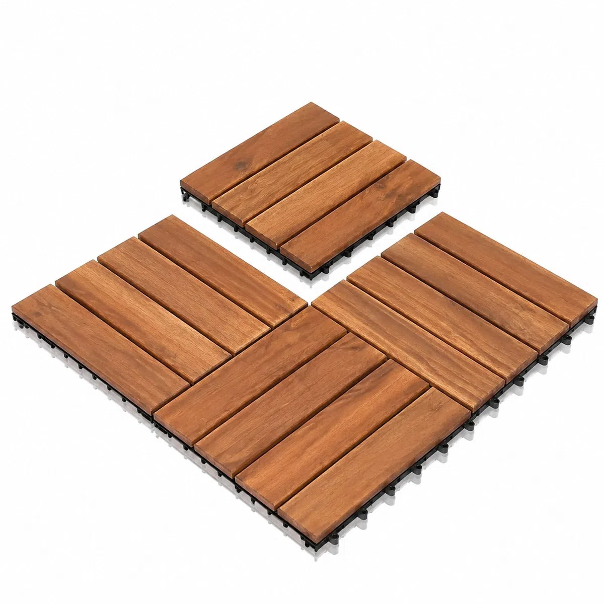 Piastrelle in Legno a Incastro (tagliabili) 4-Slat-33pc | Pavimentazione per esterni in legno massello di acacia (30x30 cm) con sistema a incastro, base in PE e design drenante