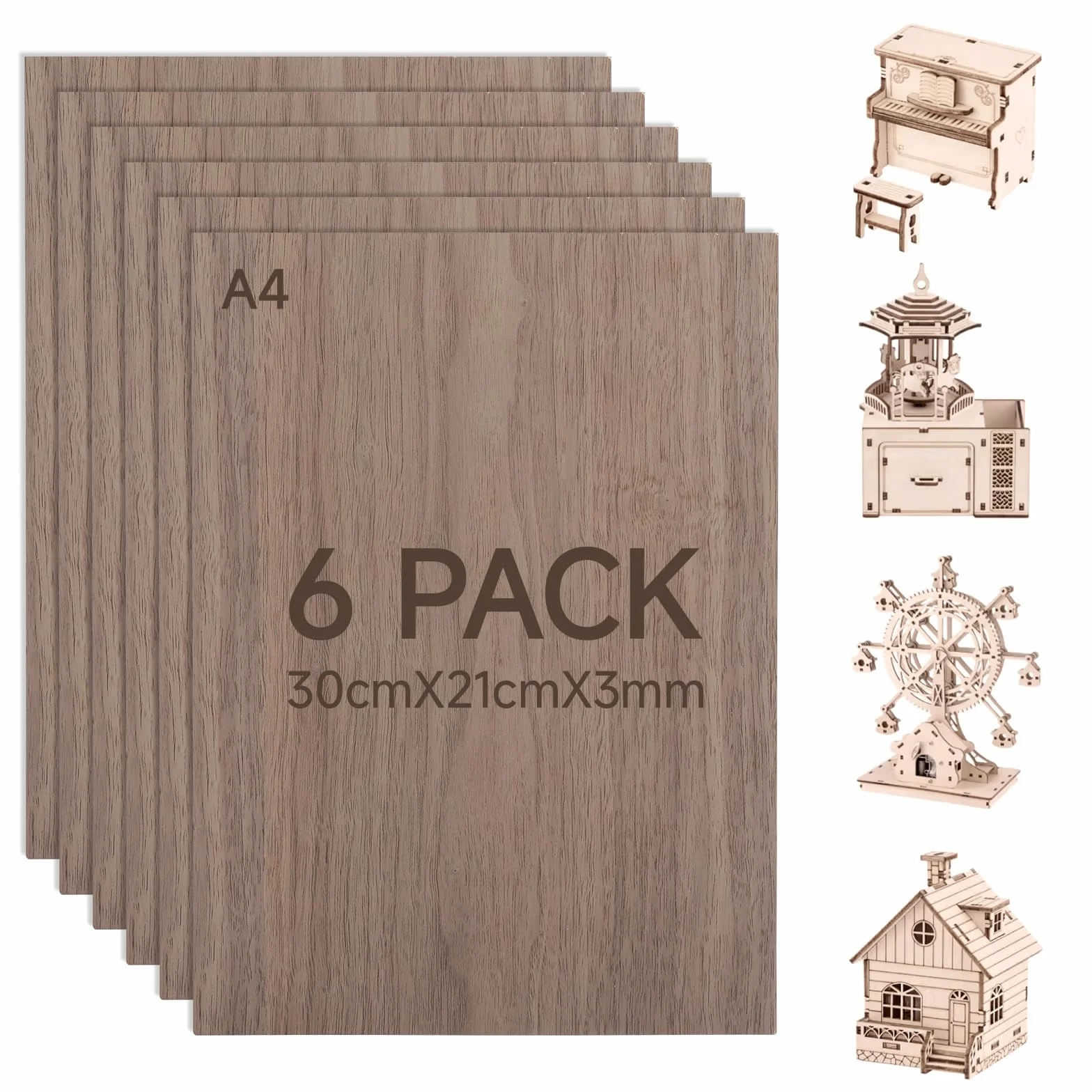 6PCS compensato noce 3mm A4 300x210mm pannelli legno walnut plywood uniformità del colore inodore superficie liscia taglio laser Incisione CNC per Fai-Da-Te modellismo e progetti decorativi