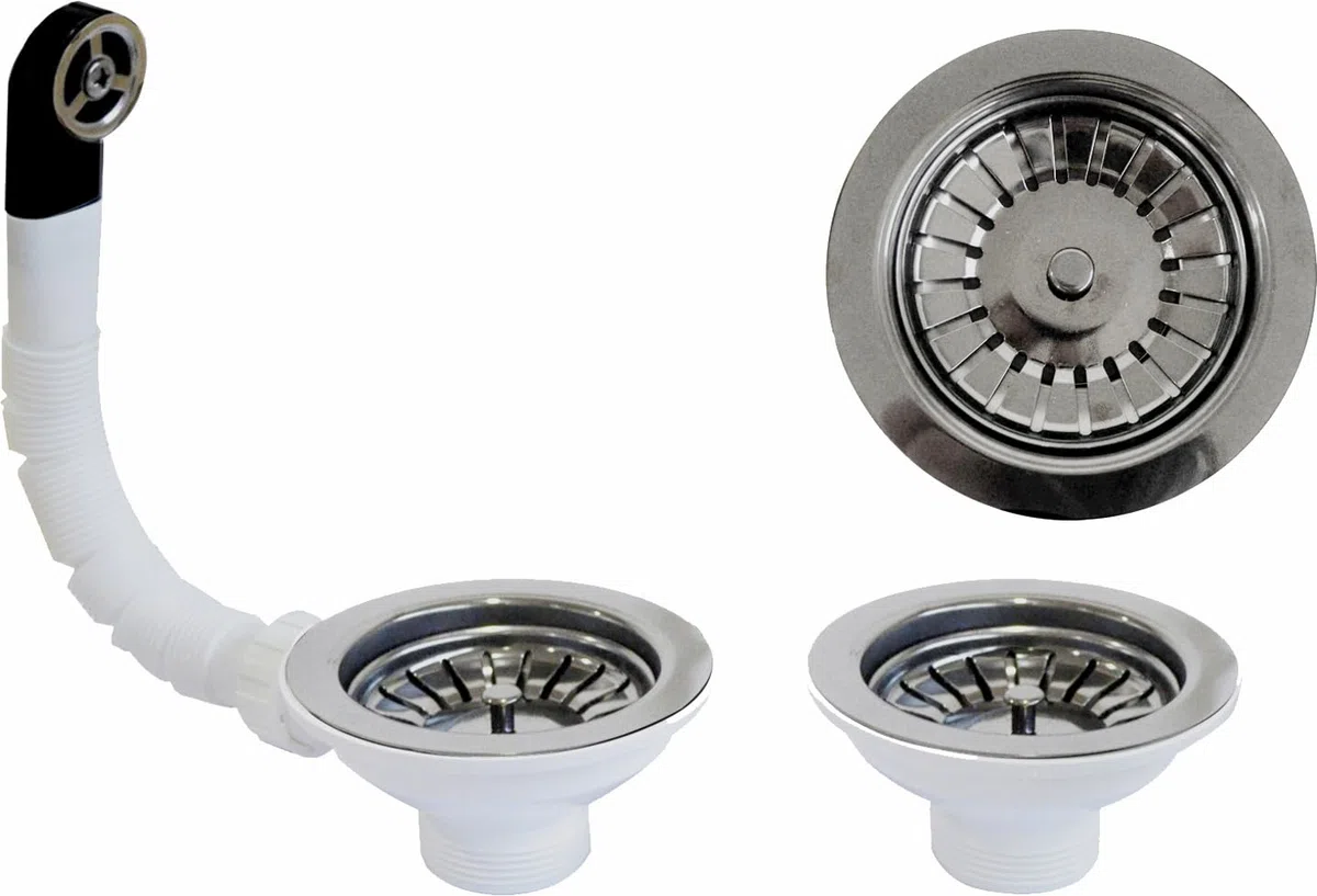 Piletta pilettone di scarico tipo basket per lavello lavabo 2 vasche con troppo pieno, con attacco da 1"1/2 e Foro da Ø 90mm, Pilettone Ø 114mm, piletta standard in acciaio con vite e cestello