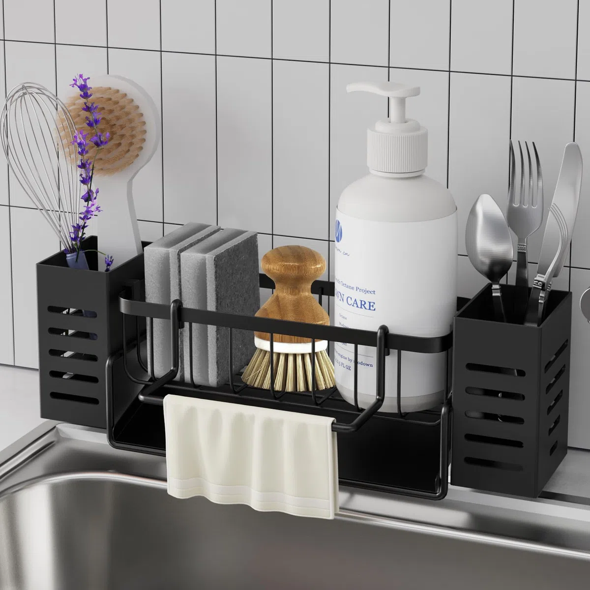 Organizer Lavello Cucina con Vassoio Autosvuotante, Porta Spugne Lavello Cucina con Asciugamani e Scatola per Spazzole, Porta Sapone Bagno
