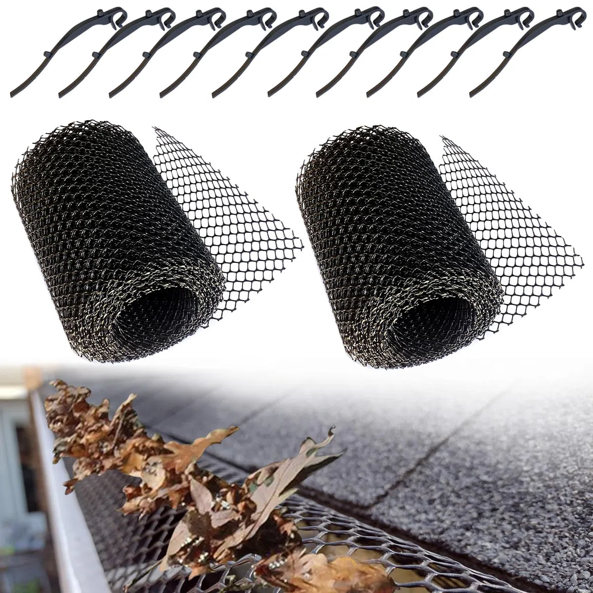 Rete di Protezione per Grondaie 15cm x 6m Rete per Grondaia con Ganci di Fissaggio Copertura per Grondaia 2pcs(2)