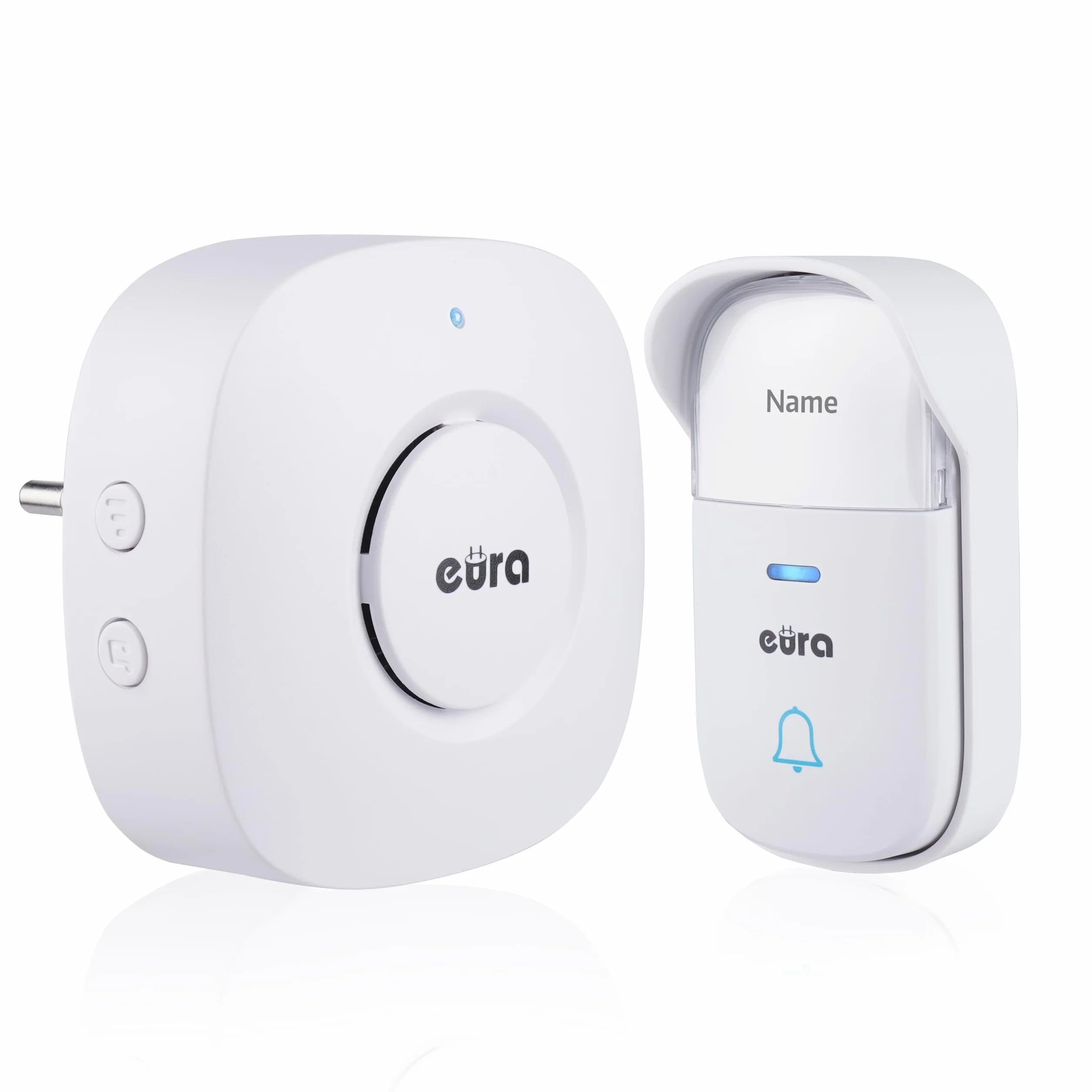 Campanello senza fili "EURA" WDP-52A3 - cinetico, senza batteria, ampliabile, 230 V CA, 38 melodie, portata fino a 200 m, IP55, portanome - bianco