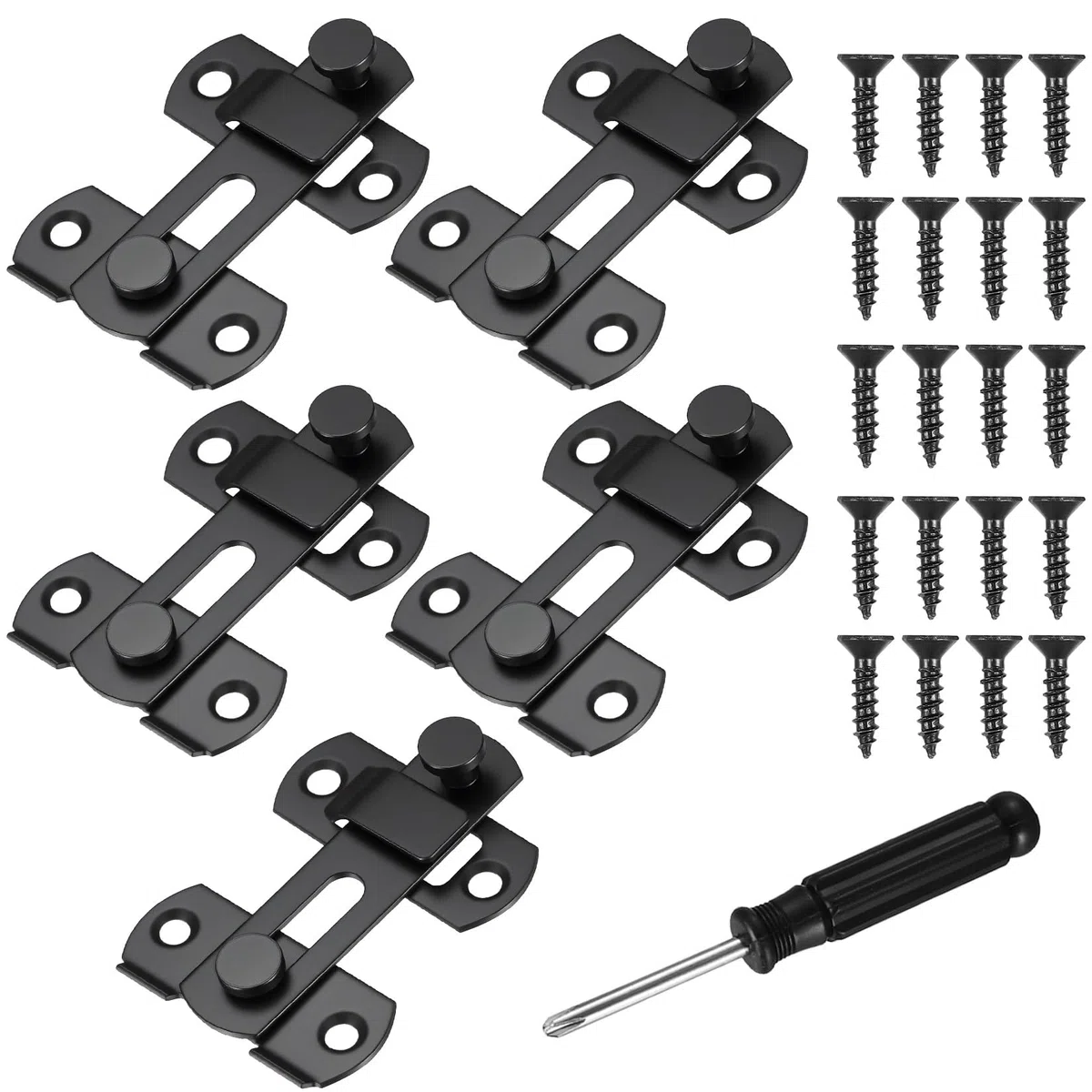 5 PzChiavistello per Porta in Legno, Serratura Porta Chiavistello Portas, Chiavistello Scorrevole in Acciaio Inox Serratura per Mobiletto Finestra Bagno + Cacciavite (Nero)