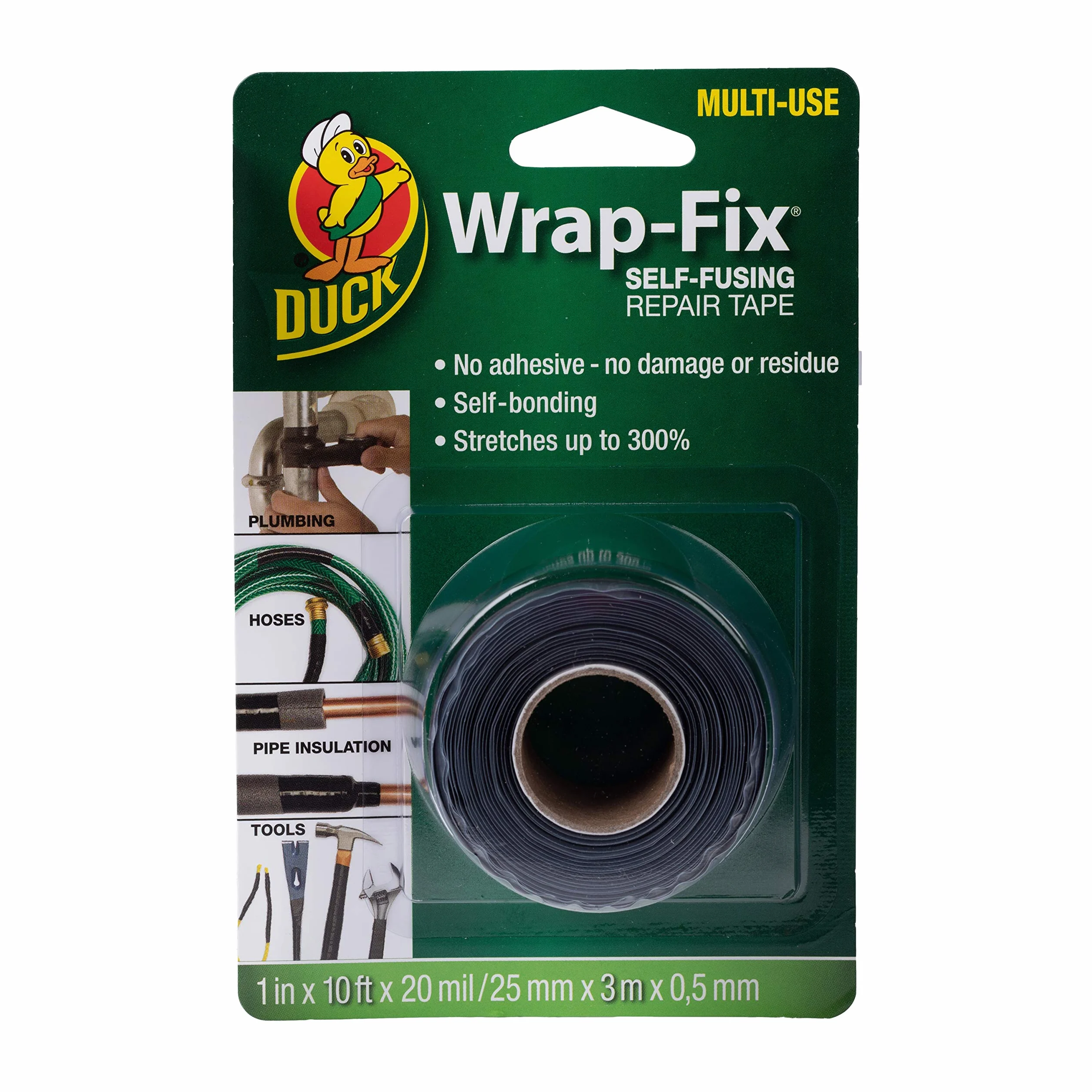 Duck Tape Wrap-Fix - Nastro di riparazione auto-fusibile, autoamalgamante, auto-incollante per impianti idraulici, nastro di riparazione per tubi che perdono, nastro in gomma, impermeabile, nero, 25