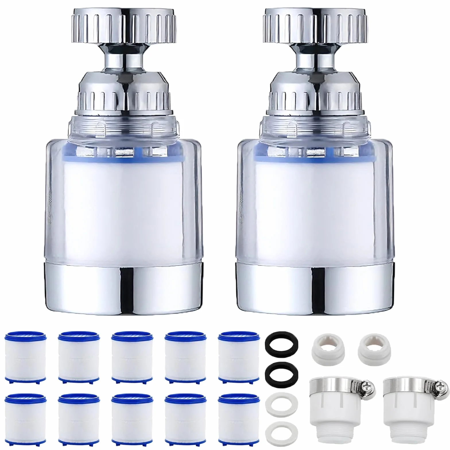 Filtro Agua Grifo 2 Piezas Transparente Filtros de Agua del Grifo 360° Filtro Grifo Antical con 10 Filtros Reemplazables y Adaptador Universal, para Cocina, Fregadero y Baño Doméstico