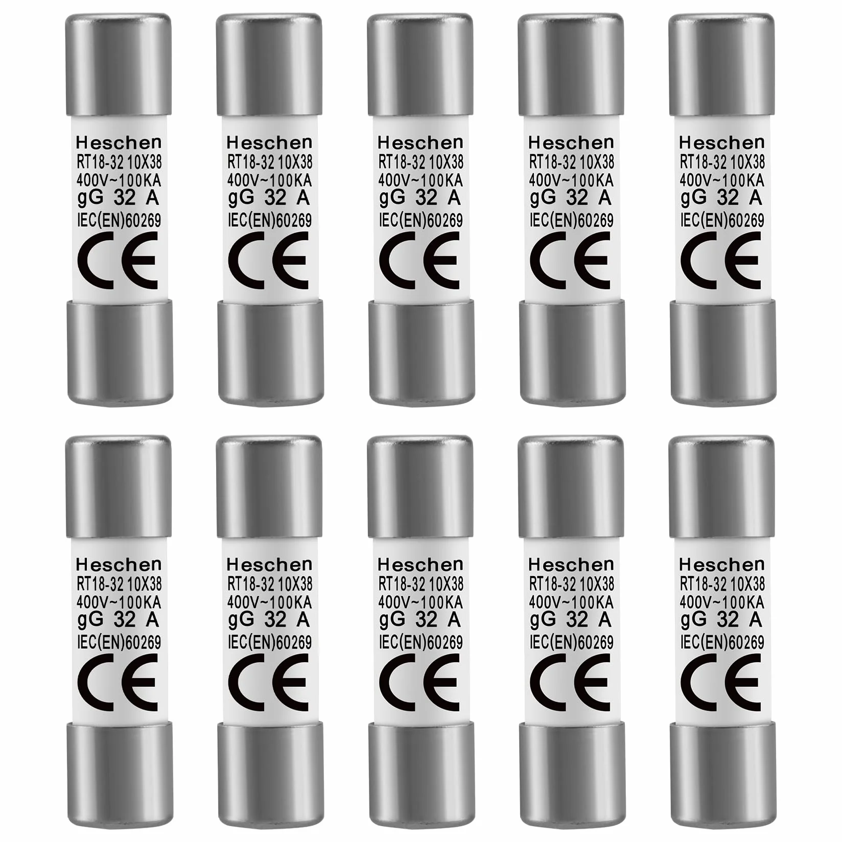 Heschen cilindrici in ceramica fusibile Link, RT18-32 (RO15), 10 x 38 mm, 32A 400V, CE, confezione da 10