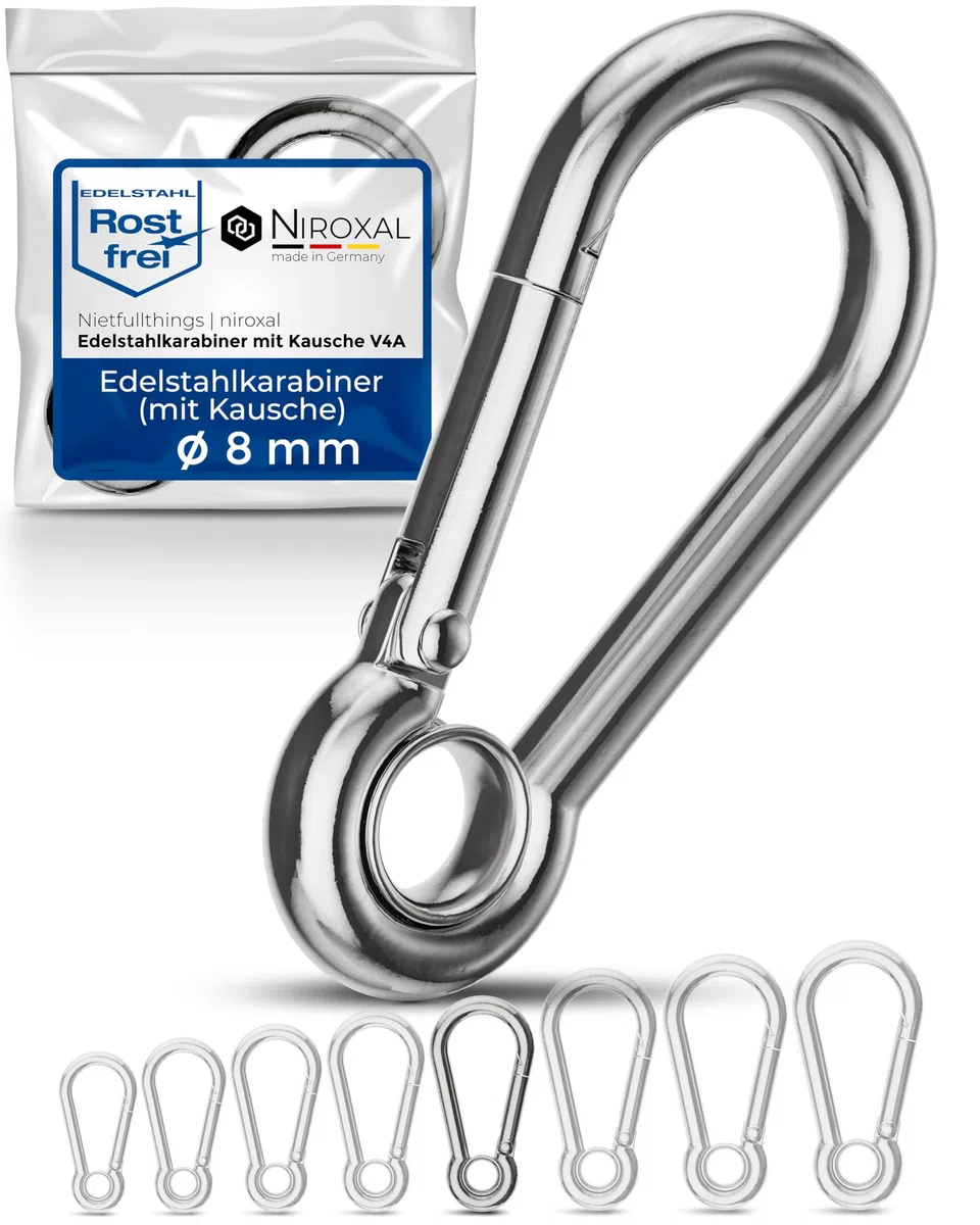 Moschettoni acciaio inox A4 V4A con inserto ad anello – guida corda antiscorrimento – resistenti acqua salata