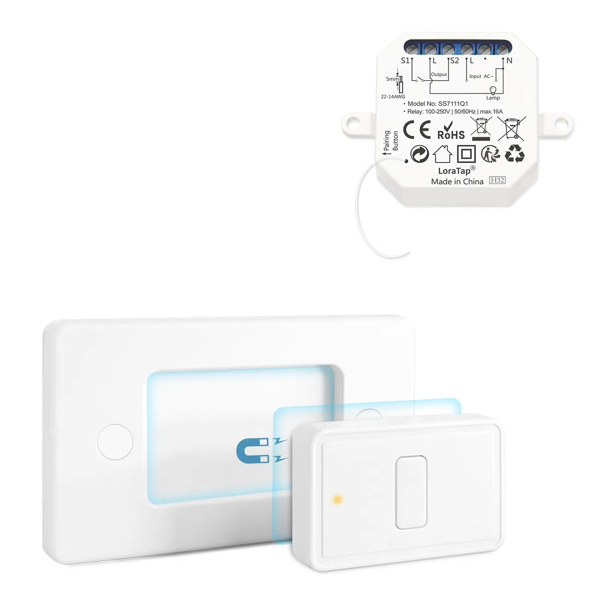 LoraTap Interruttore Luce Wireless, Telecomando con Base Magnetica, Interruttore Wireless Parallelo, Radio Trasmettitore a Parete e Ricevitore a Relè RF 10A 100-250V AC, Bianco