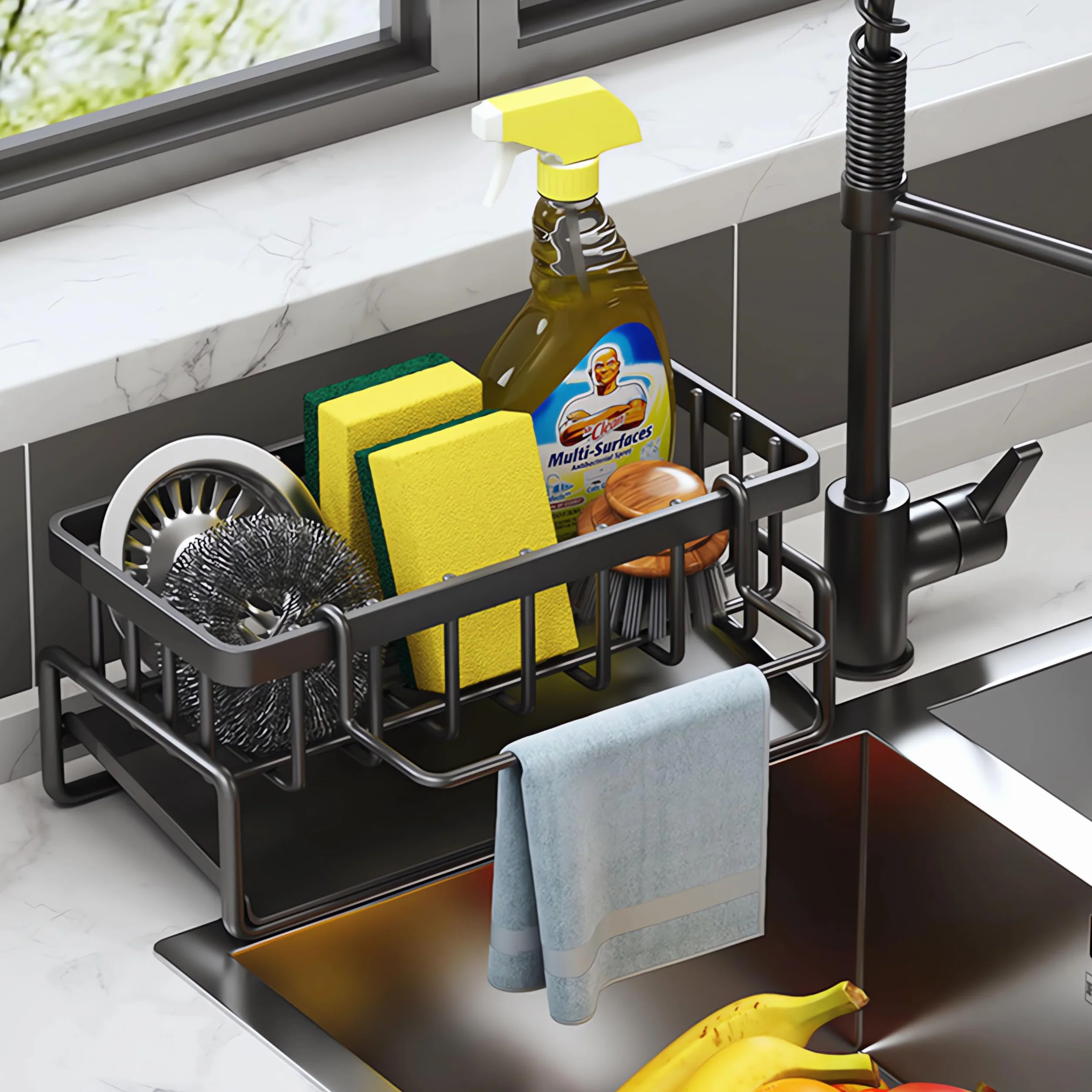 ViWaVee Organizer Cucina per Lavello con Vaschetta di Scarico Autodrenante, Adatto per Porta Spugne, Asciugamani, Porta Stracci, Super Accessori per Cucina e Bagno(Nero).