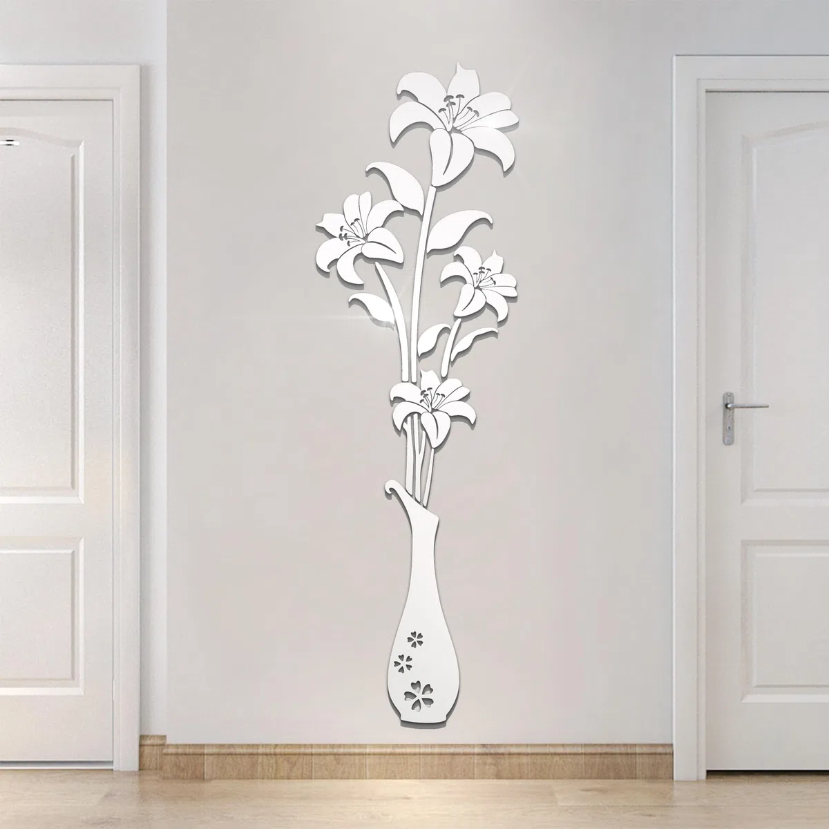 HNVNER Adesivi da parete a specchio - Adesivi da parete 3D a forma di fiore per soggiorno, camera da letto, decorazione da parete per sfondo TV e sfondo divano (L, specchio argento)