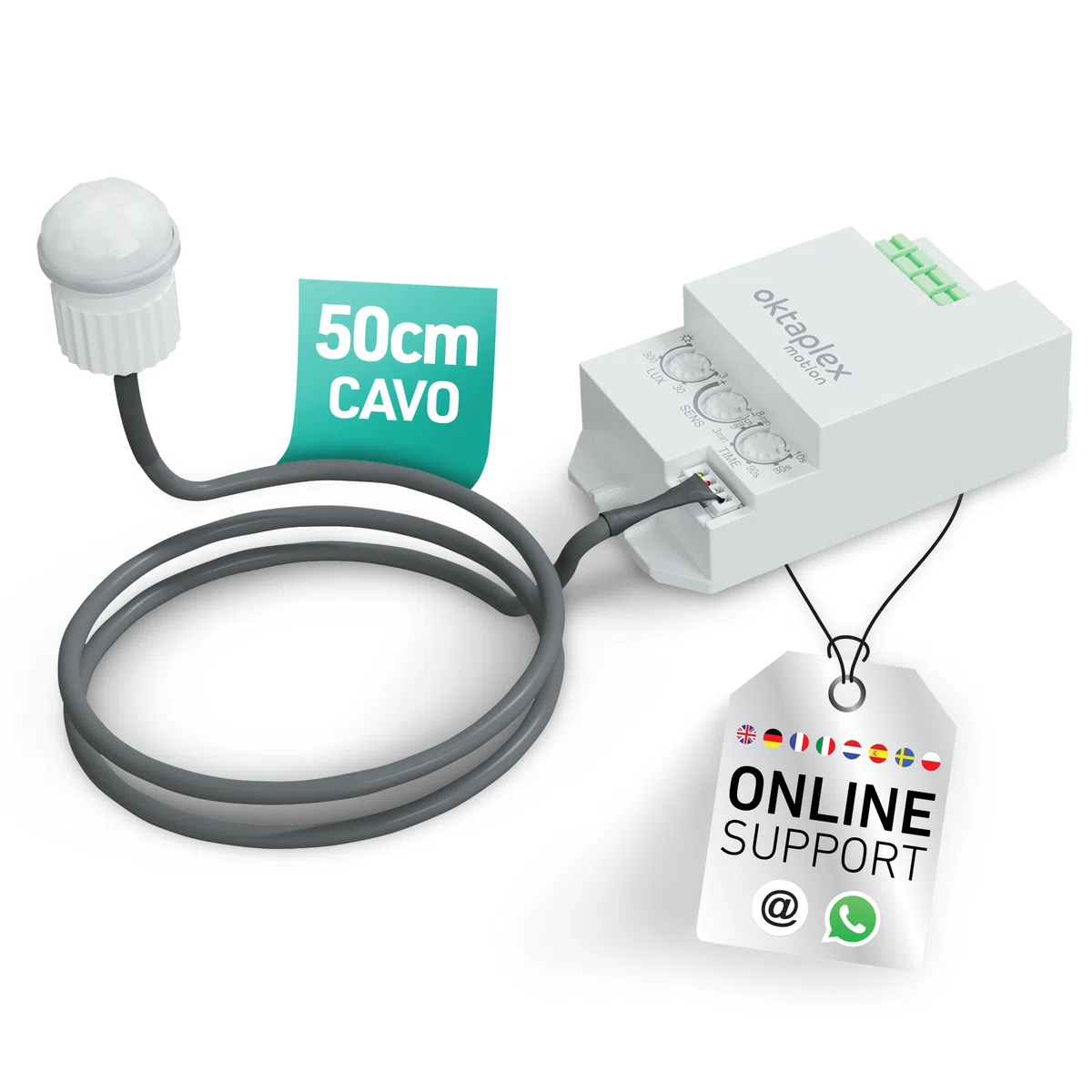 Oktaplex Jana, rilevatore di movimento da incasso esterno, 360 gradi, sensore a infrarossi, 6m di diametro, IP65 / IP20, sensore di movimento bianco con cavo da 50cm
