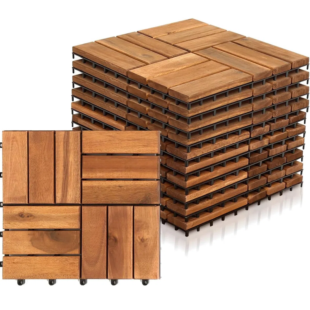 Piastrelle per pavimentazione in Legno di Acacia con Base in PE 12-Slat-33pc | 30x30 cm – Pavimentazione a incastro per esterni; antiscivolo, resistente agli agenti atmosferici e facile da installare