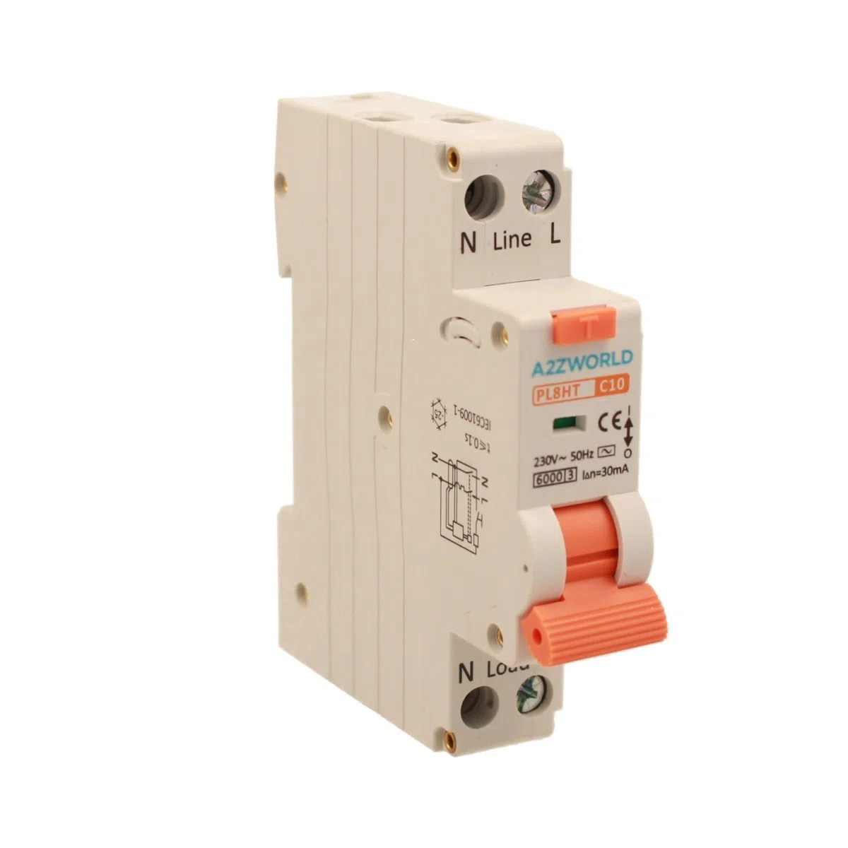 RCBO Interruttore Magnetotermico Differenziale 10A, Salvavita Tipo AC Curva C 1P+N 1M 6000A 30mA C10A AC 230V