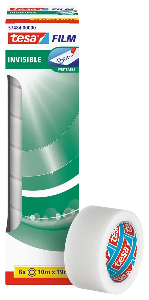 tesa Film Invisible - Nastro adesivo invisibile opaco, resistente all'invecchiamento e agli strappi, 10 m x 19 mm, confezione da 8