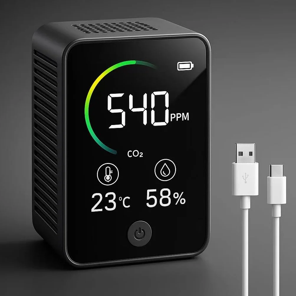 Rilevatore CO2 3 in 1 - Misuratore di Co2 per Interni - Sensore Di Co2 con Display LCD a Colori - Rilevatore Anidride Carbonica, Temperatura e Umidità con Allarme - NDIR - Casa - Batteria a 6 Ore