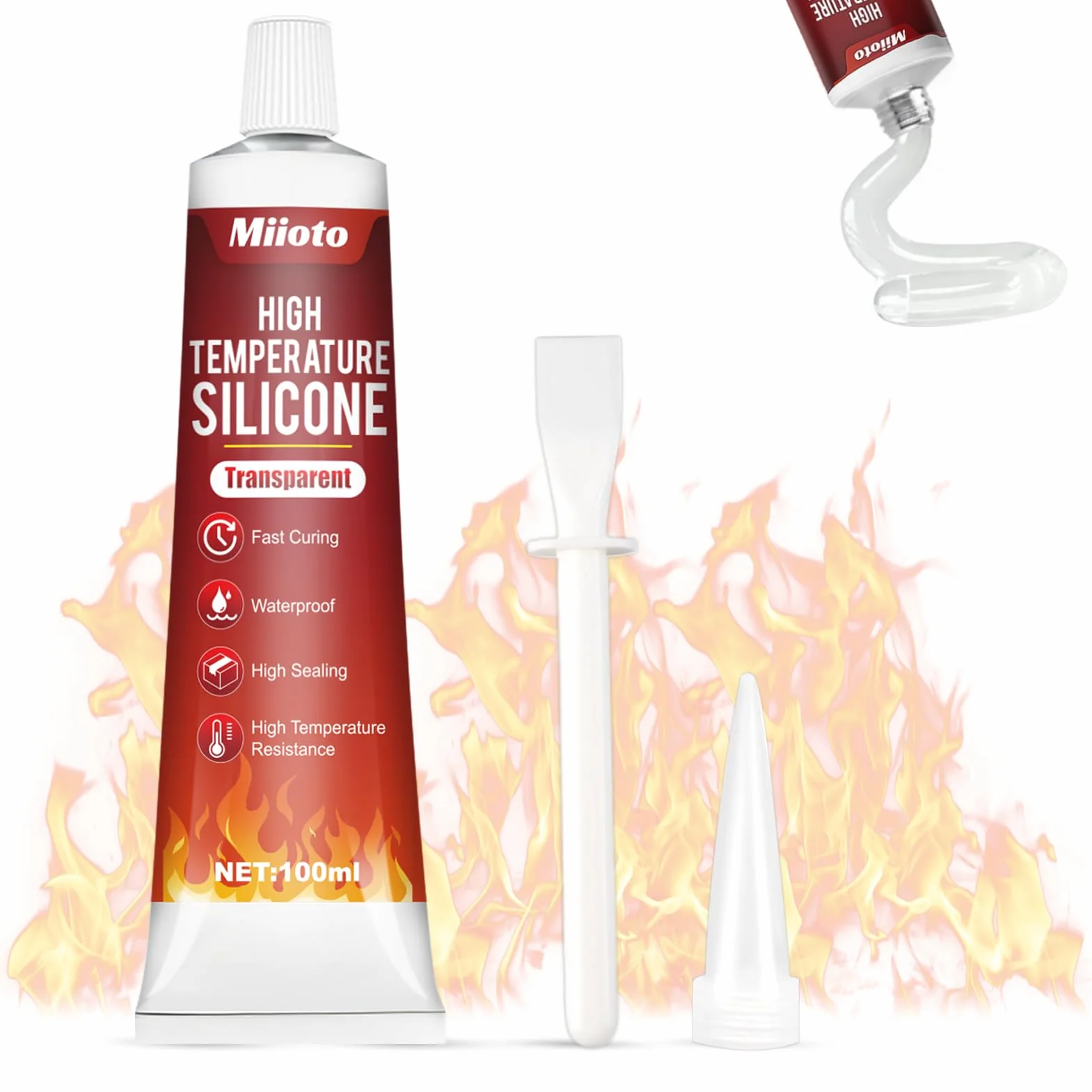 Miioto Colla Alte Temperature, Silicone Alte Temperature per Stufe, Sigillante Alta Temperatura Adatto per Sigillatura ad Alta Temperatura di Caminetti, Camini e Griglie Barbecue (Trasparente)