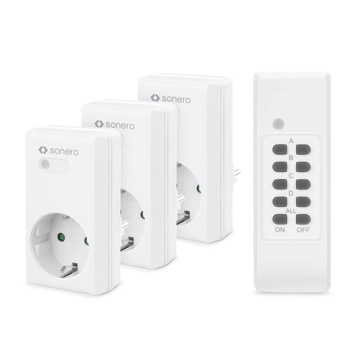 Sonero set di prese radiocomandate 3x presa radiocomandata e 1x radiocomando, 1100 watt, portata massima 30m, interno, bianco (presa tedesca)