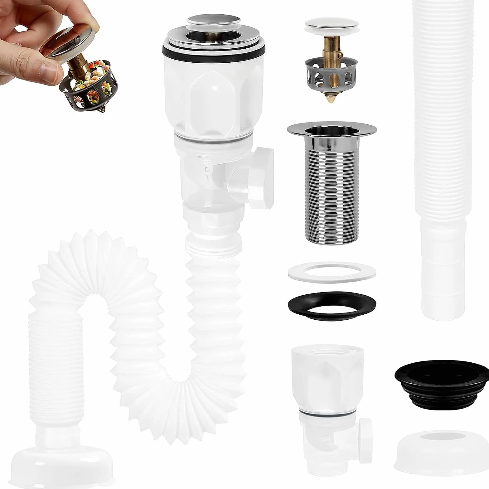 Kit di Scarico Lavandino Bagno, Tubo di Scarico per Lavandino con Tubo di Scarico Flessibile, Piletta Lavabo Bagno, per Bagno Cucina Tubo Scarico Lavandino, Allungabile da 300-1000MM,Bianco
