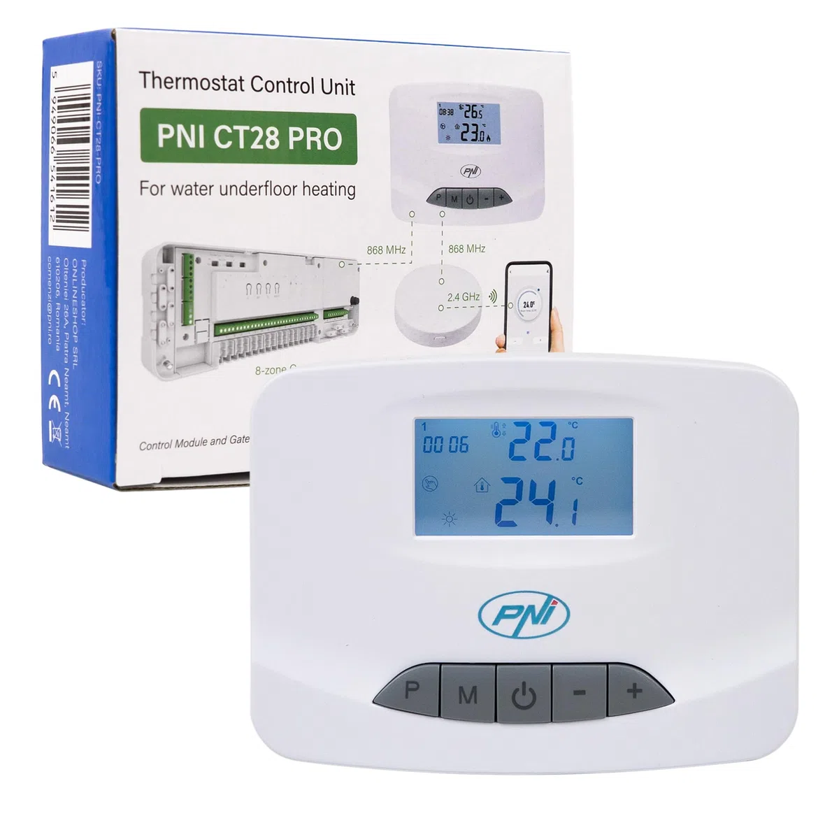 PNI CT28 PRO Unità termostato wireless, per riscaldamento a pavimento, compatibile con elettrovalvola CT28M, modulo CT28WIFI Hub per controllo dall'applicazione Tuya Smart, ABS, bianco