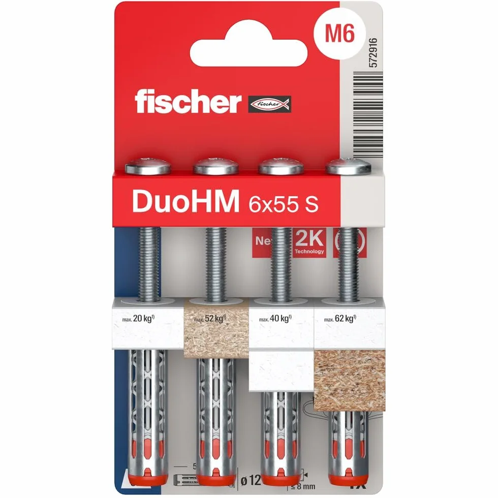 fischer DuoHM 572916 Tasselli a cavità 6 x 55 S TX con vite a testa piatta metrica e azionamento TX per il fissaggio di staffe TV, luci, mensole a parete, ecc. in materiali da costruzione per pannelli