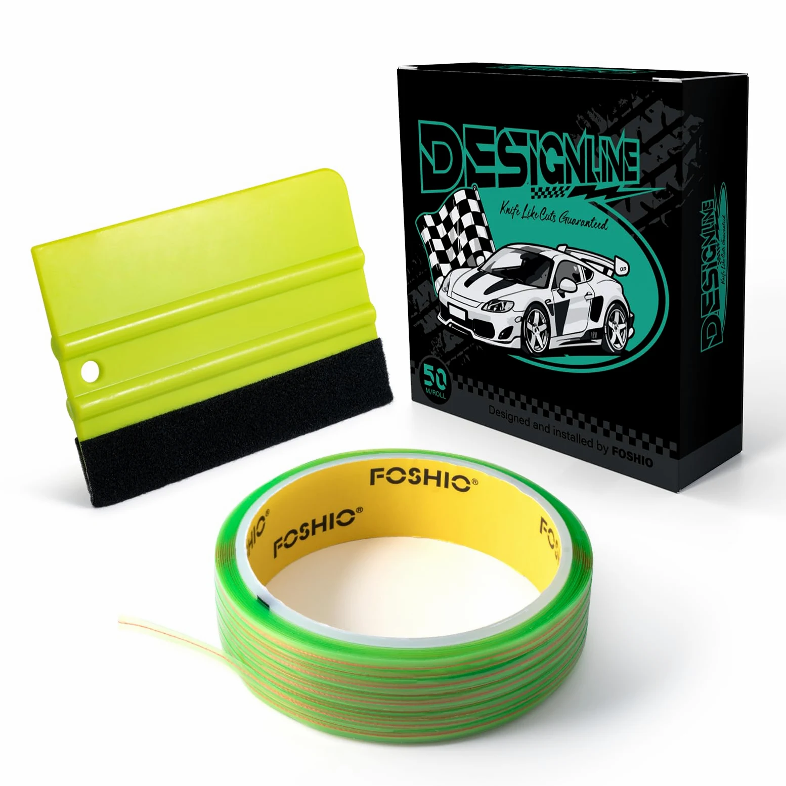 FOSHIO 50M Nastro da taglio senza coltelli, kit di pellicole per auto tinte, kit di copertura, strumenti di pellicola, inclusi raschietto in plastica, nastro di taglio in vinile, 50 m nastro adesivo
