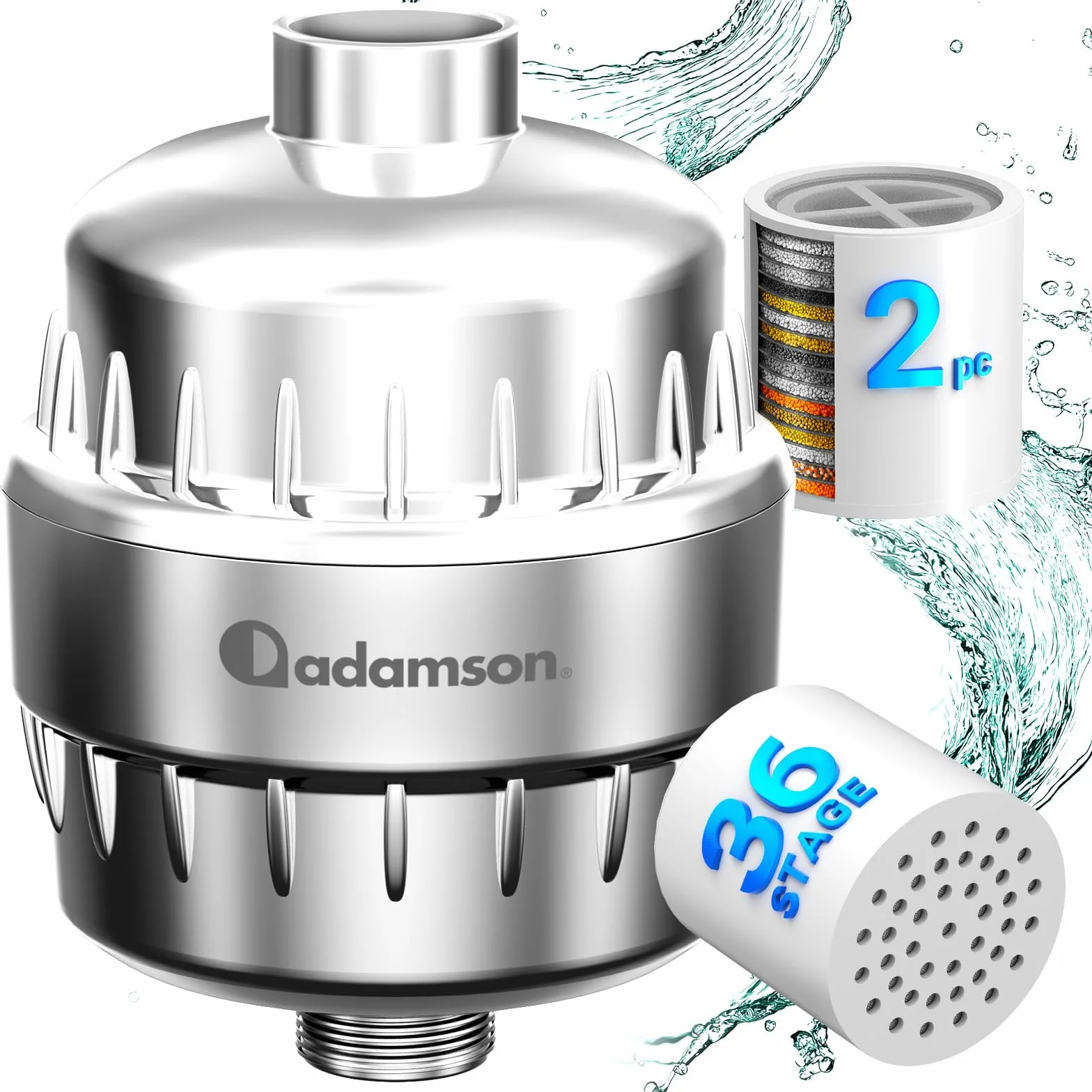 Adamson Filtro Doccia Anticalcare – 36 Stadi Filtro Acqua Doccia – Riduce Calcare e Cloro – Protegge Pelle e Capelli – Shower Filter Facile da Installare – 1 Cartuccia Extra Inclusa