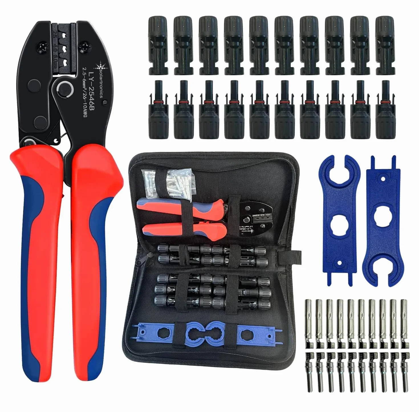 Solartronics Set di pinze crimpatrici, 10 paia di connettori solari, maschio/femmina per pannelli solari, IP67 impermeabile, connettori per cavi solari da 4mm² - 6mm² con chiave di tensionamento