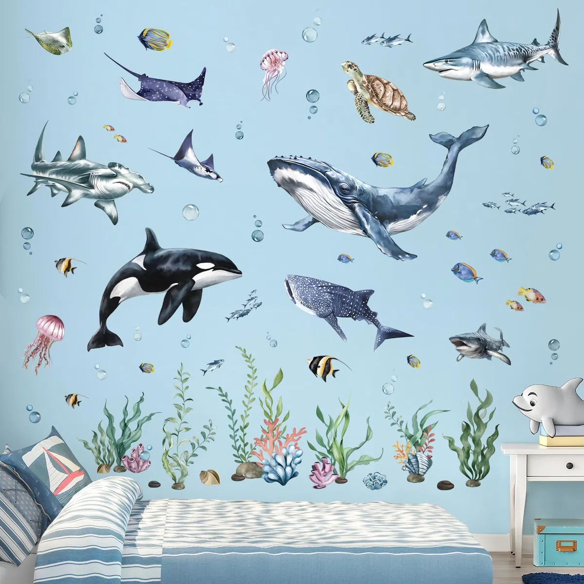 decalmile Adesivi Murali Sotto il Mare Squali Grande Adesivi da Parete Oceano Pesce Balena Tartaruga Alghe Decorazione Murale Camerette Bambini Camera da Letto Bagno