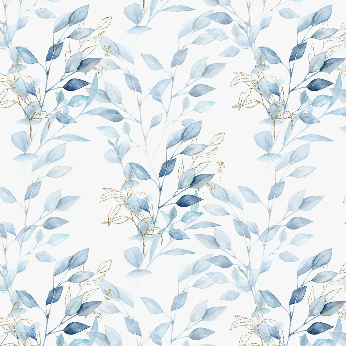 Carta da Parati Autoadesiva Blu Bianco Foglie Dorate 41×300 cm Impermeabile Autoadesiva Pellicola Adesiva in Vinile per Camera da Letto Soggiorno Pareti Mobili