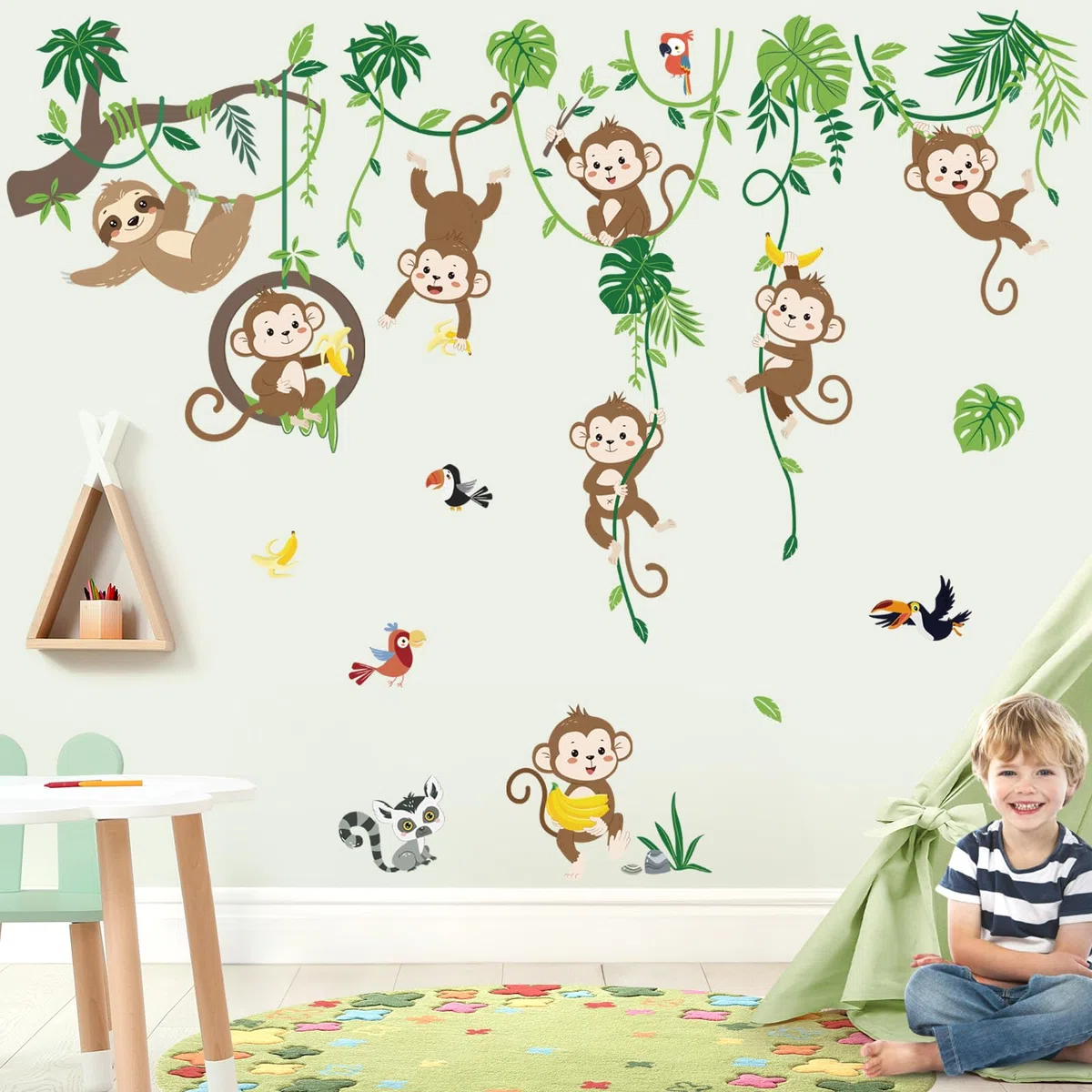 decalmile Adesivi Murali Animali della Giungla Scimmia Adesivi da Parete Safari Animale Scimmia Foglie Vite Decorazione Murale Asilo Nido Camerette Bambini Camera da Letto
